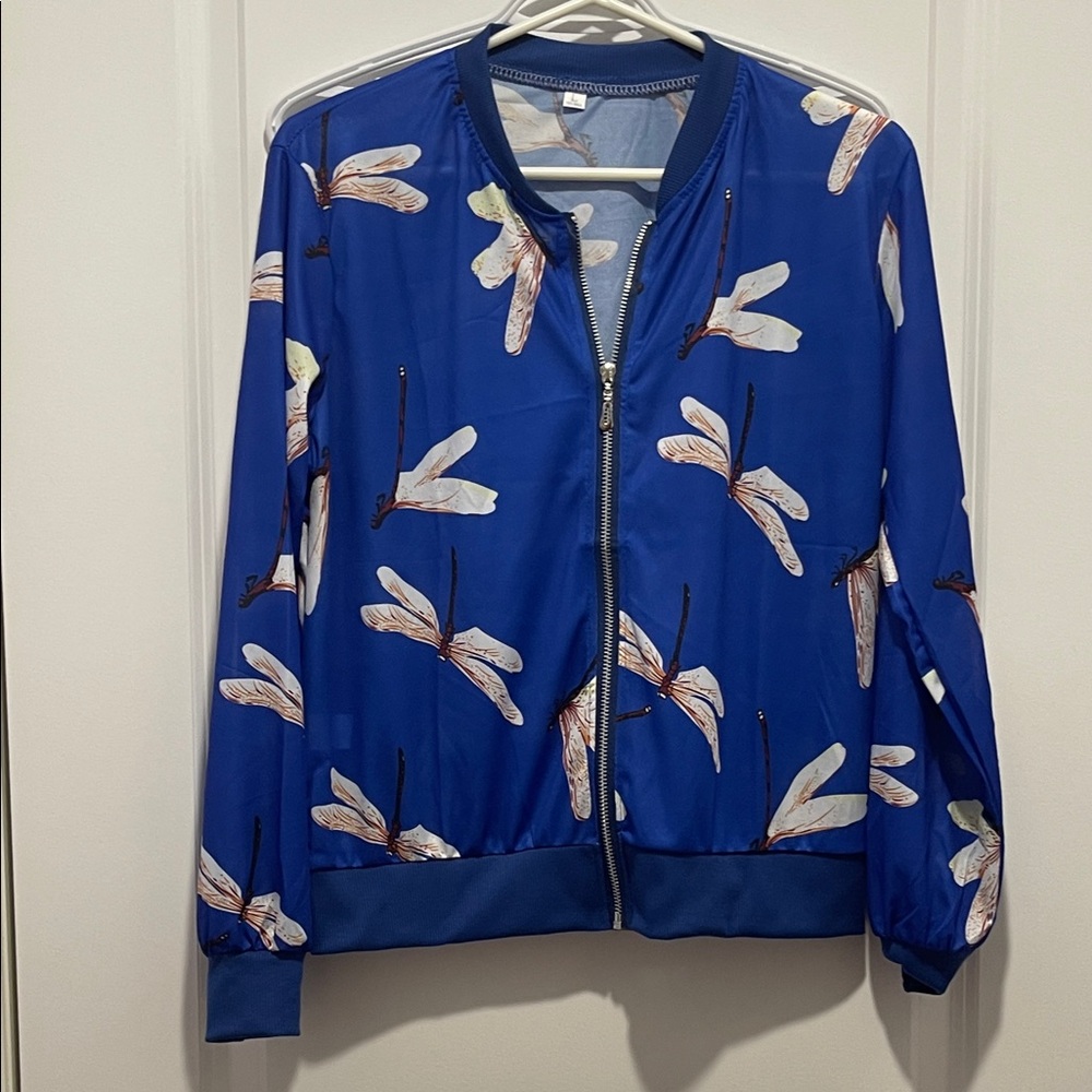 Elegant Blue Chiffon Dragonfly Print Women's Bomber Jacket for Summer